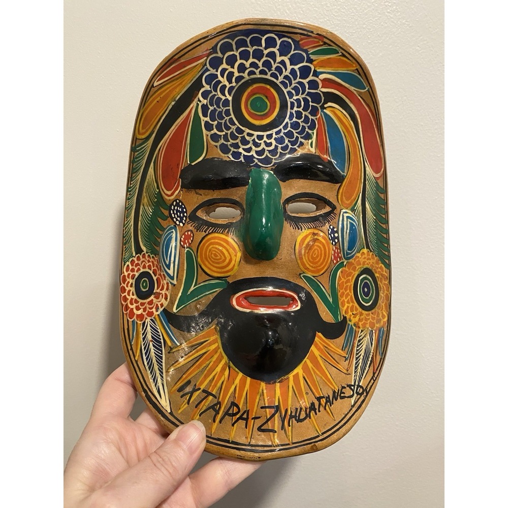 Vtg Mexican Clay Colorful Folk Art Mask Hand Painted 9"x7" Ixtapa-Zihuatanejo